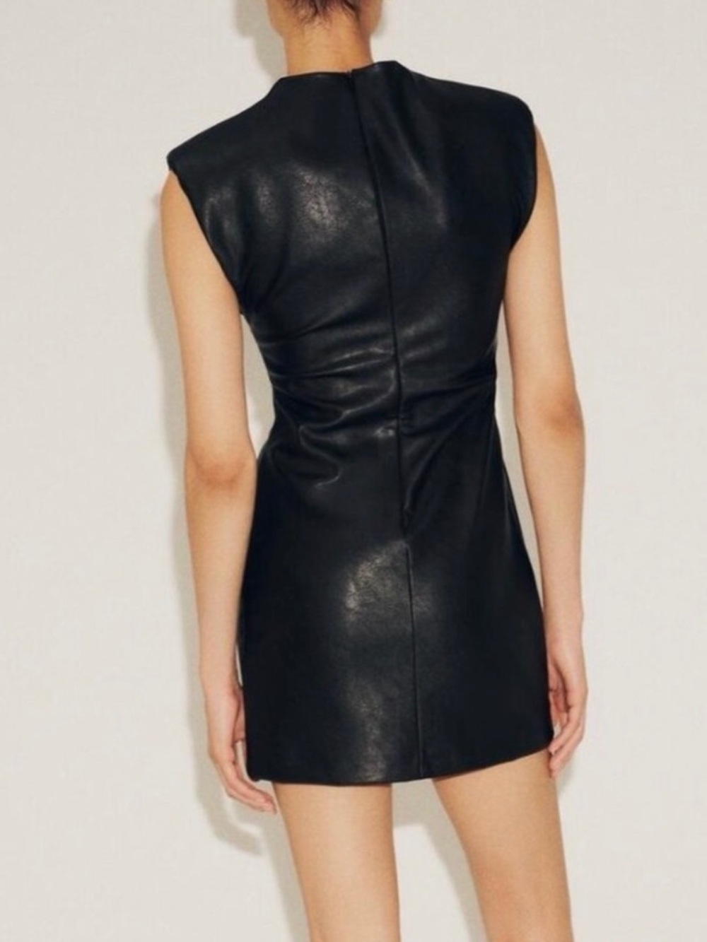 Zara Black Faux Leather Mini Dress with Padded Shoulders - Picture 2 of 10